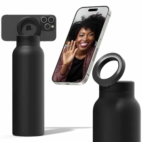 Ringo Insulated Water Bottle | Compatible MagSafe Water Bottle With Phone Holder | Stainless Steel Water Bottle With Magnetic Phone Tripod Mount | Hot for 12H, Cold for 24H, 360° Rotate - Black 24oz