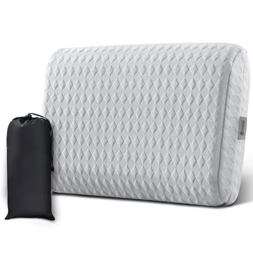 Vekkia Travel Pillow with Memory Foam, Portable and Compressible Camping Pillow with Washable Cover, Ergonomic Supportive for Sleeping, Ideal for Adults & Kids Travel, Hiking, Airplane, Car (Gray S)