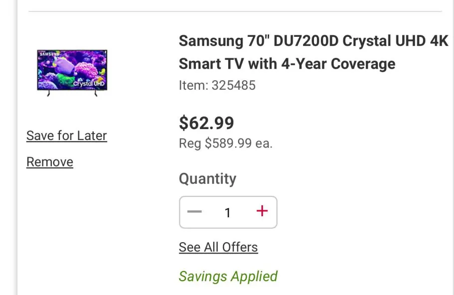 HUGE PRICE ERROR! – Samsung 70″ DU7200D Crystal UHD 4K Smart TV ONLY $62.99
